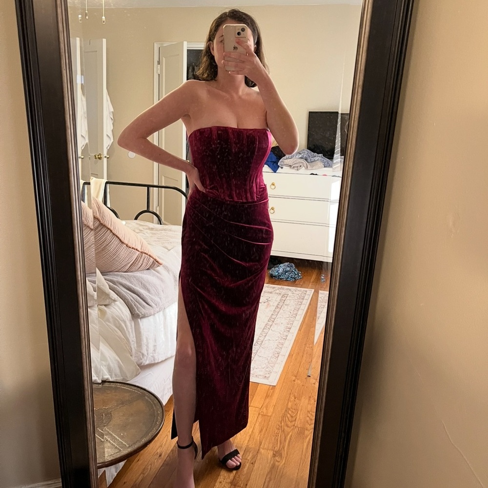 Bardot Strapless Velvet Dress in Rich Burgundy
